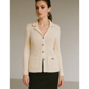 Chanel Cotton Cashmere Crochet Knit Ecru Cream Sweater Cardigan CC Buttons 40